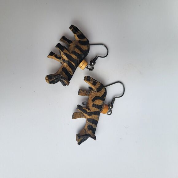 Hand Carved Wooden Kenyan Zebra Earrings 1.75" - Picture 4 of 4